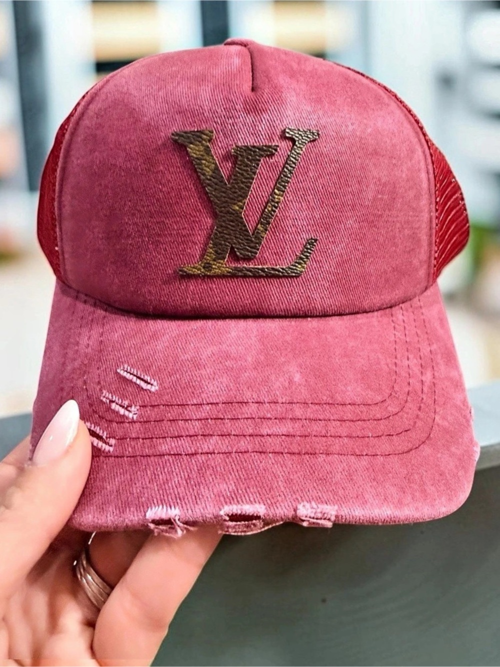 Custom Red Distressed Trucker Hat with Upcycled Leather Initials